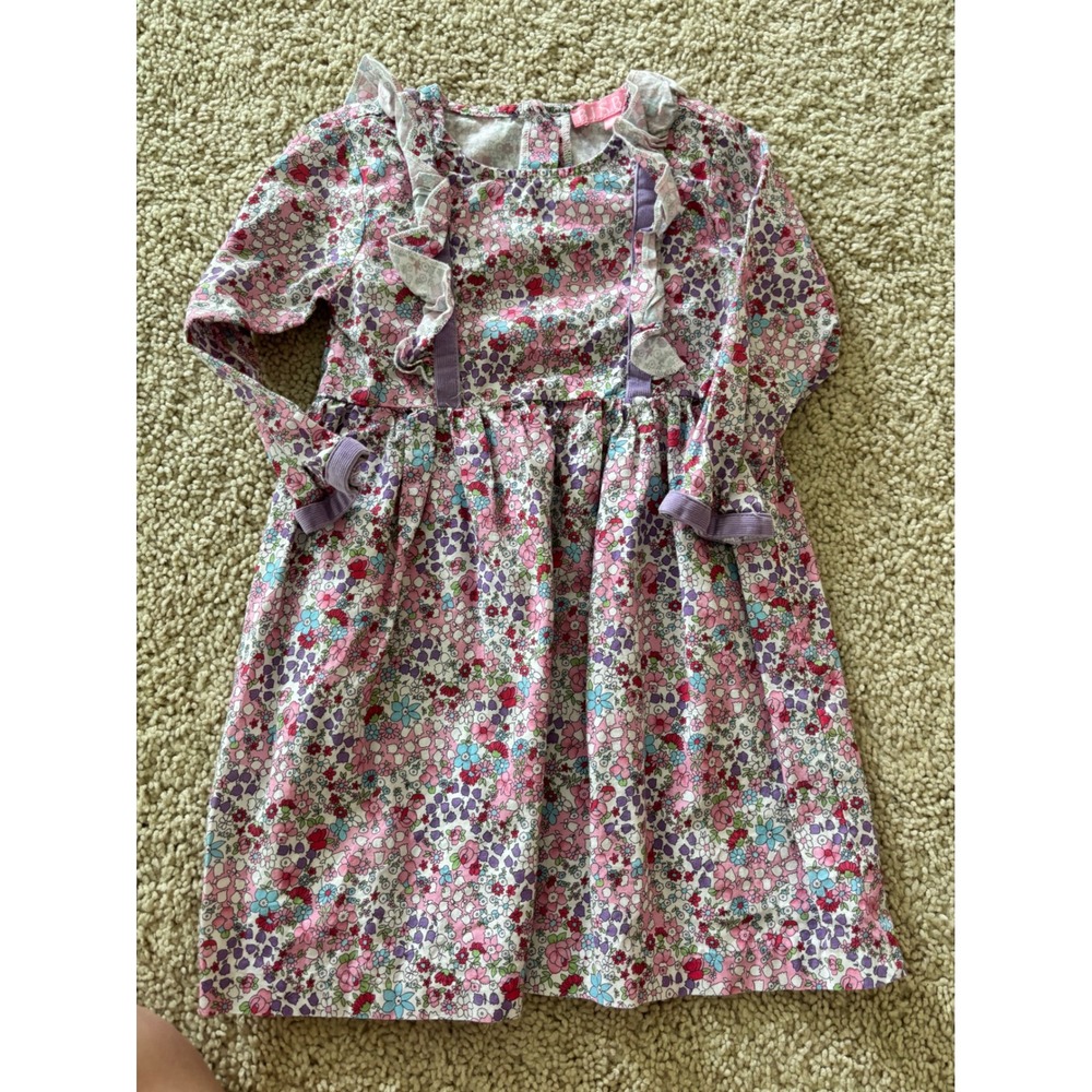 Bisby Girls Floral Ruffle Dress Pink Purple Long Sleeve Corduroy Trim Size 2